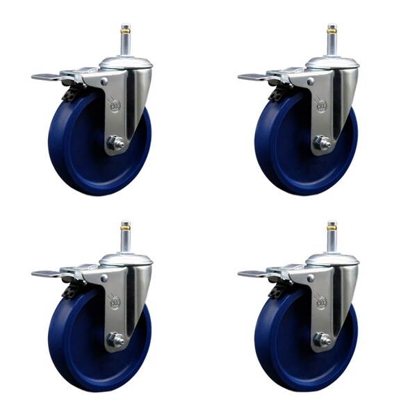 5'' Solid Polyurethane Swivel 7/16'' Stem Caster Set with Total Lock Brake, 4PK
